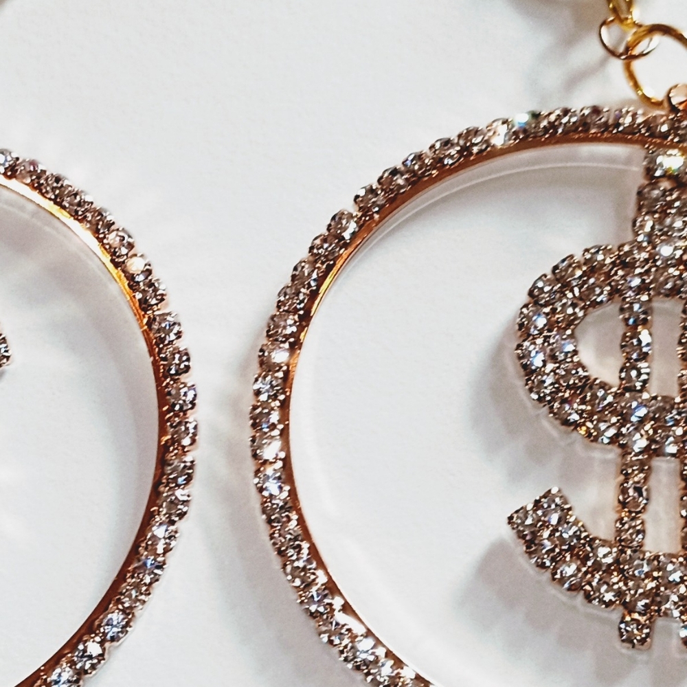2" Gold Rhinestone $ Sign Hoop Clipon Earrings - Picture 6 of 6
